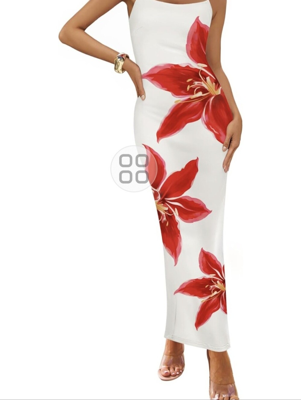 White Maxi Dress with Red Floral Print Nwt
